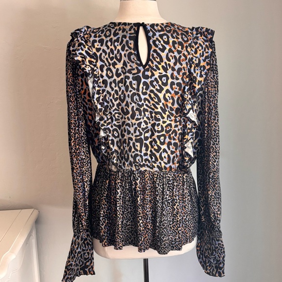 BL^NK Anthropologie Moira Ruffled Peplum Leopard Print Top, Blue Brown Black, L - Picture 5 of 8